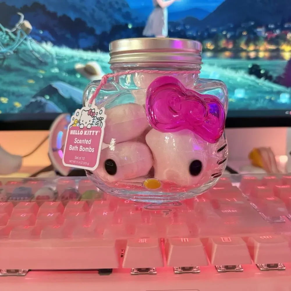 Hello Kitty Bath Bombs 10pc Glass Jar Lid Scented Strawberry 2025 Sanrio READ